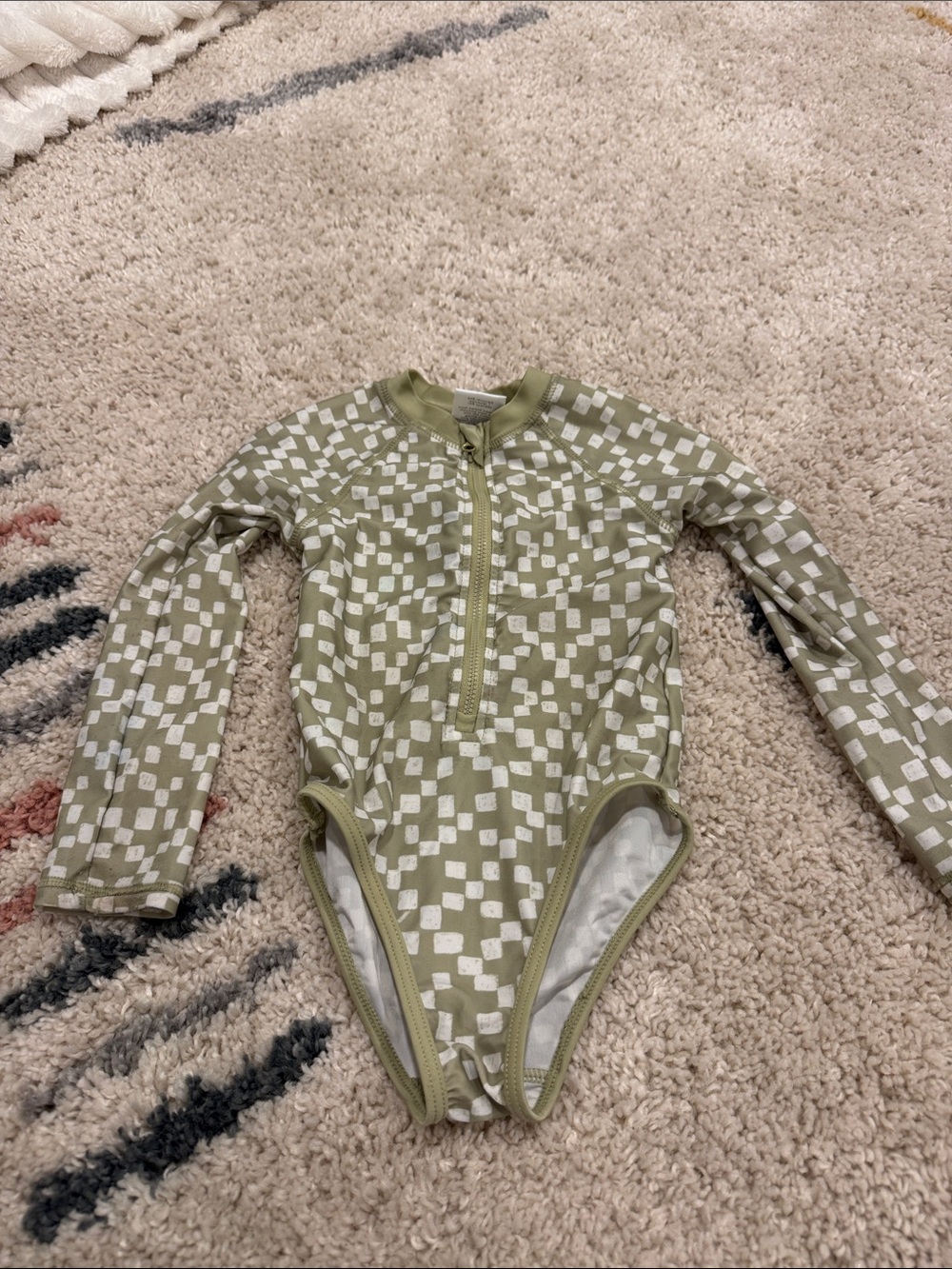 Little Co Long-Sleeve One-Piece Swimsuit in Sage Checker